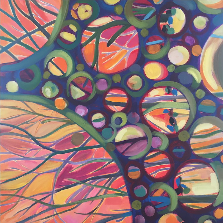 A painting of a blue bird in the birch tree patch created in a whimsical maner.