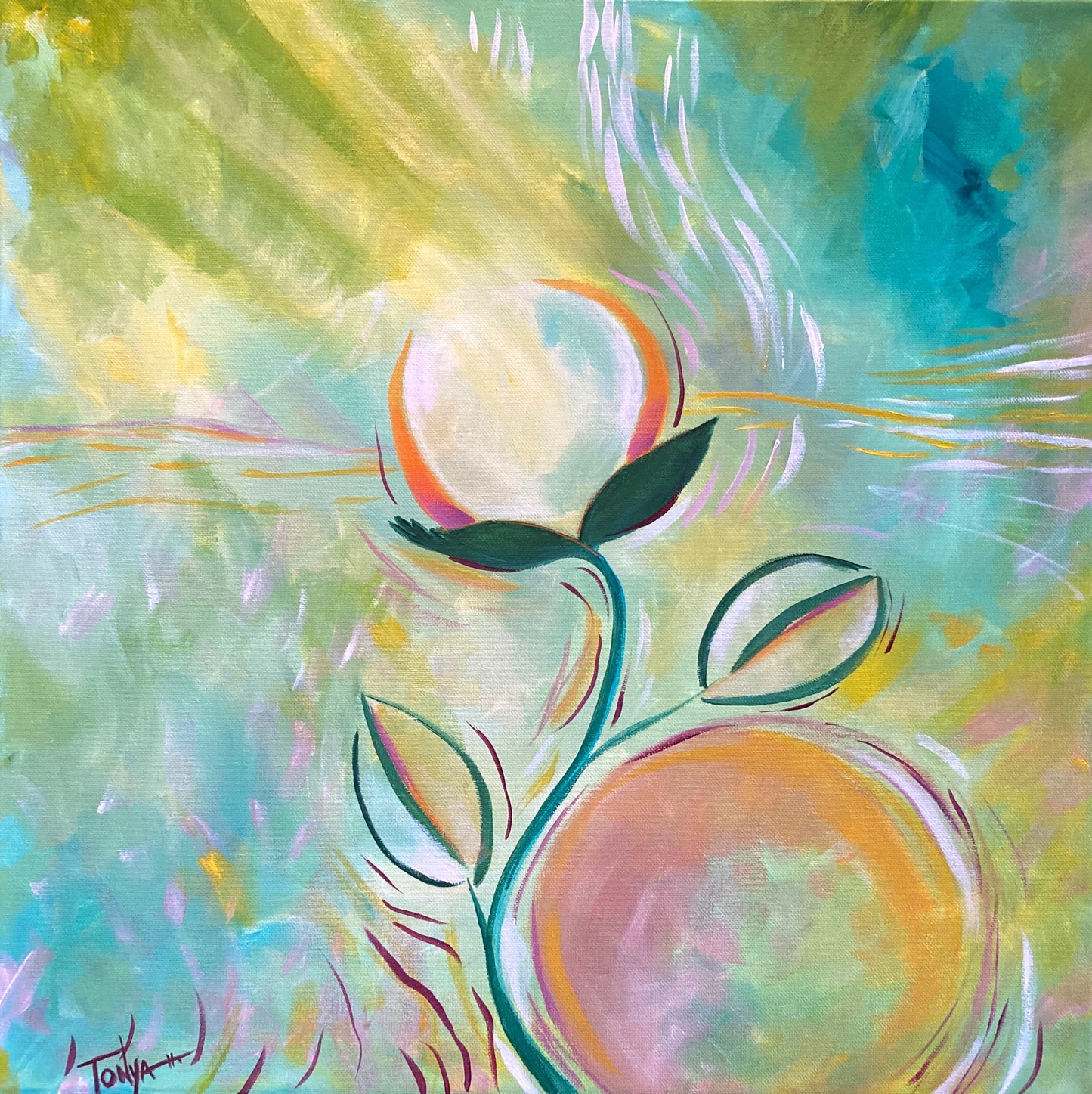 A painting in greens and blues. There is a flower stem with leaves, with a sphere sitting where you would expect a flower and another sphere at the bottom the the stem bends around. There are lines of colors everywhere.