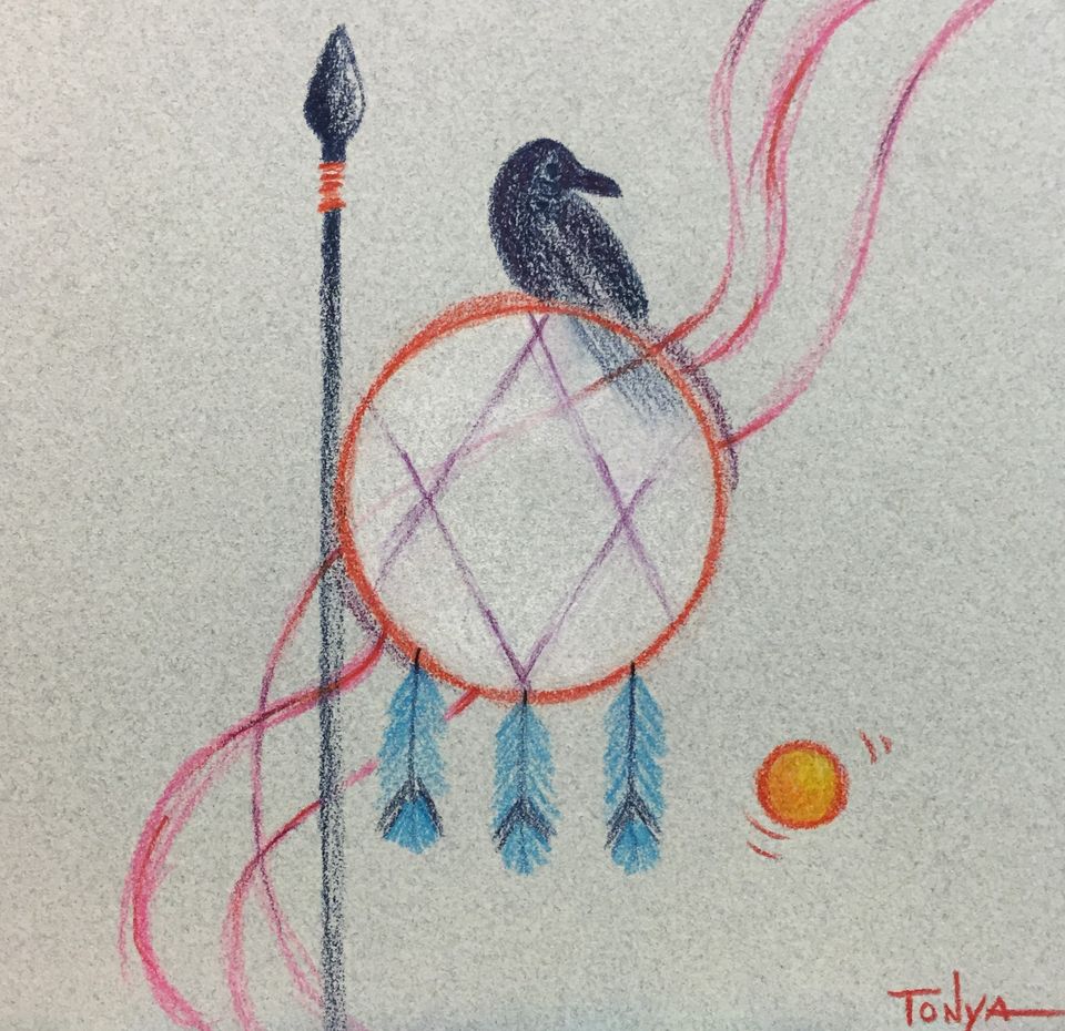 A colored pencil sketch of a crow sitting on top of a dream catcher with blue feathers hanging from the bottom. There is a black with a spear on the left and an orange circle on the right.