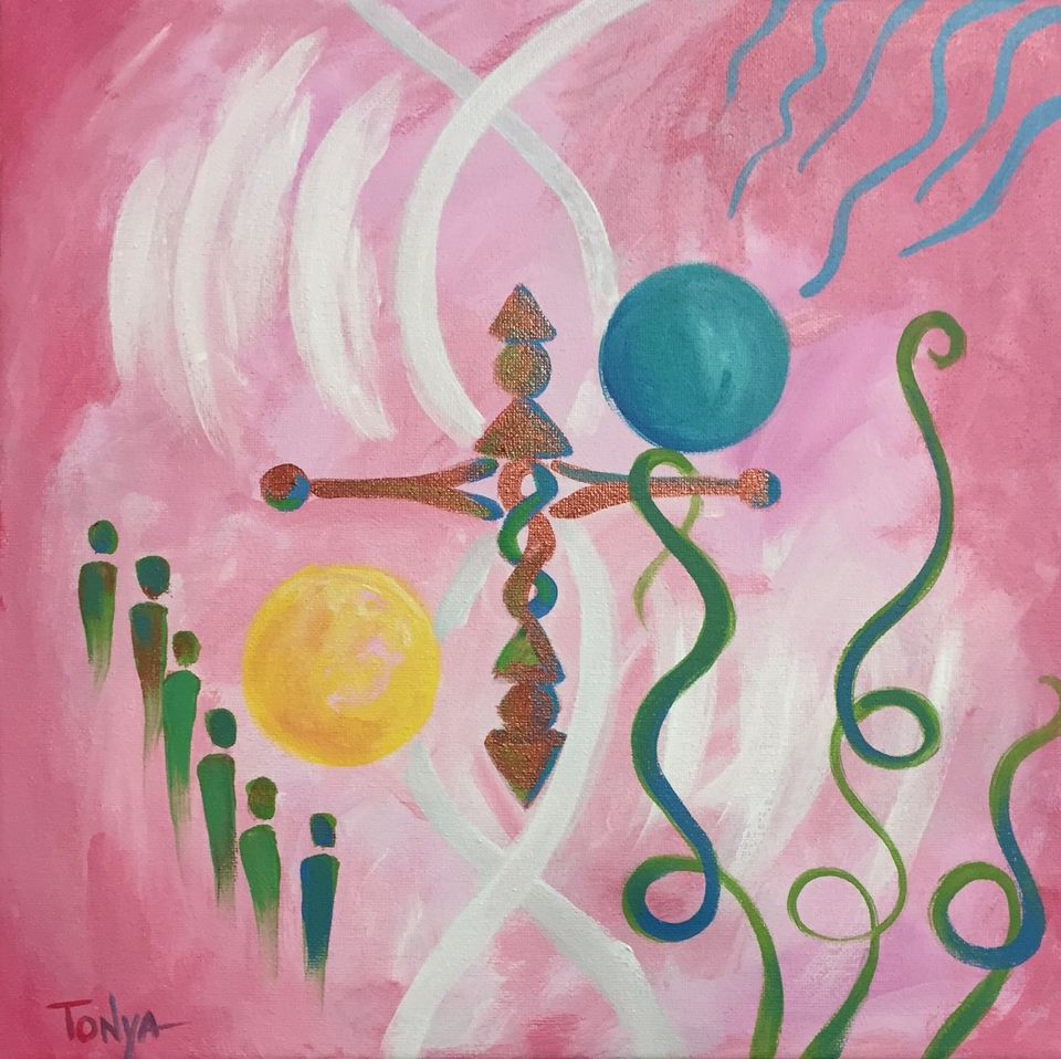 A painting of a metalic cross in the center, with a line of people to the right with a yellow sphere, and green tendrals on the left with a blue sphere over a pink background.