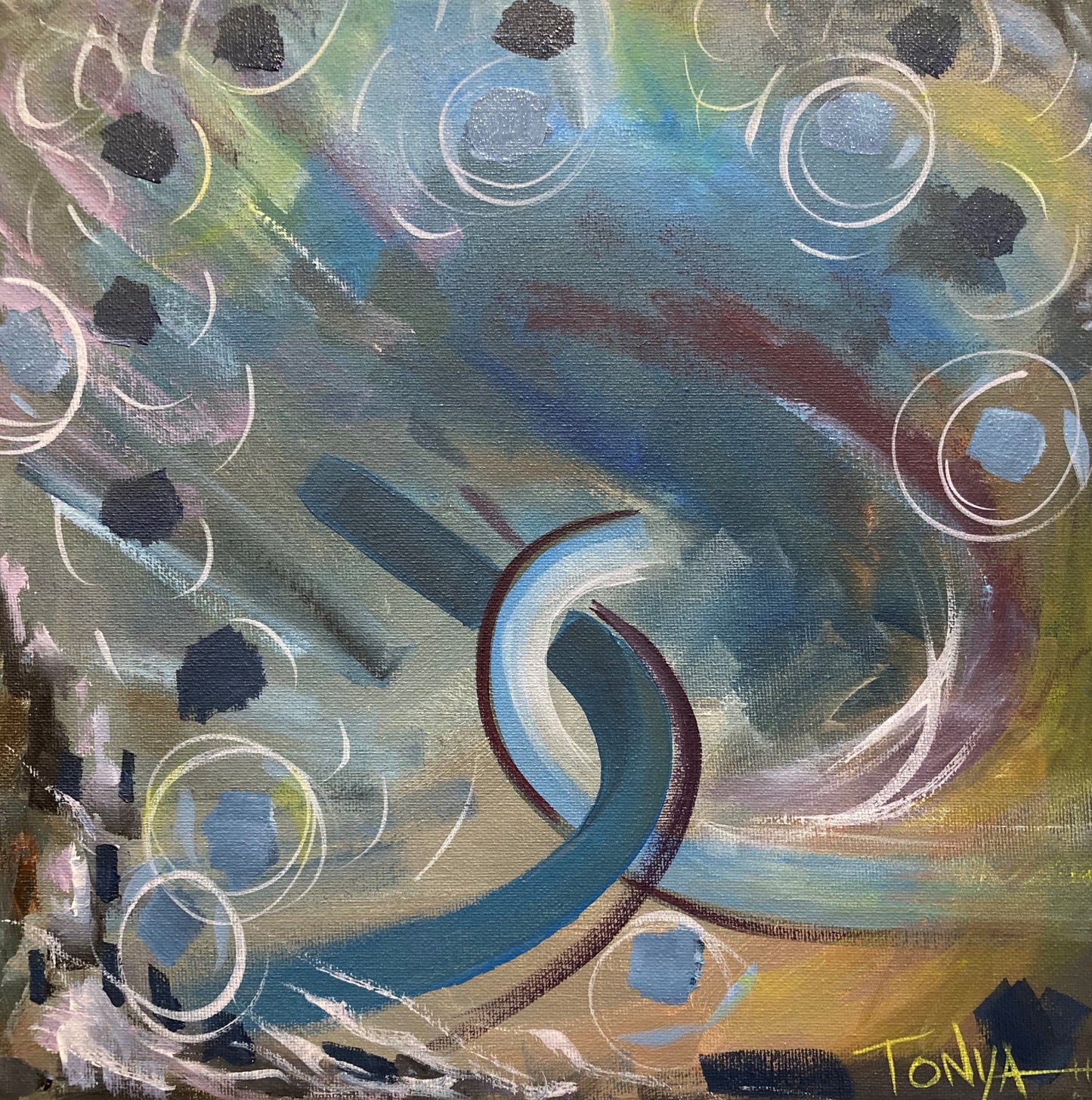 An abstract painting of two bold U shaped lines in what looks like a thunderstorm rolling in. Dots, circles, and swirls aroung the outside edges.