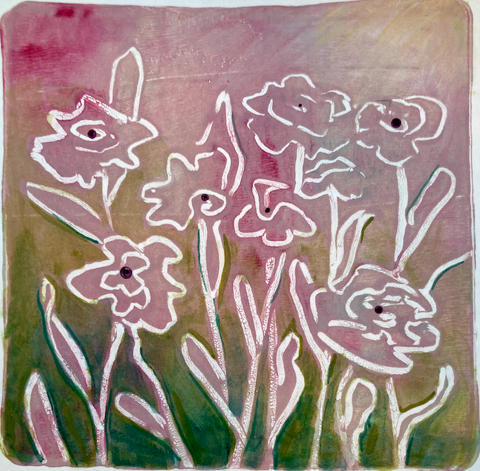 A gelli plate print with artistic depiction of flowers on paper with a pink and green color scheme by artist Tonya Henderson.