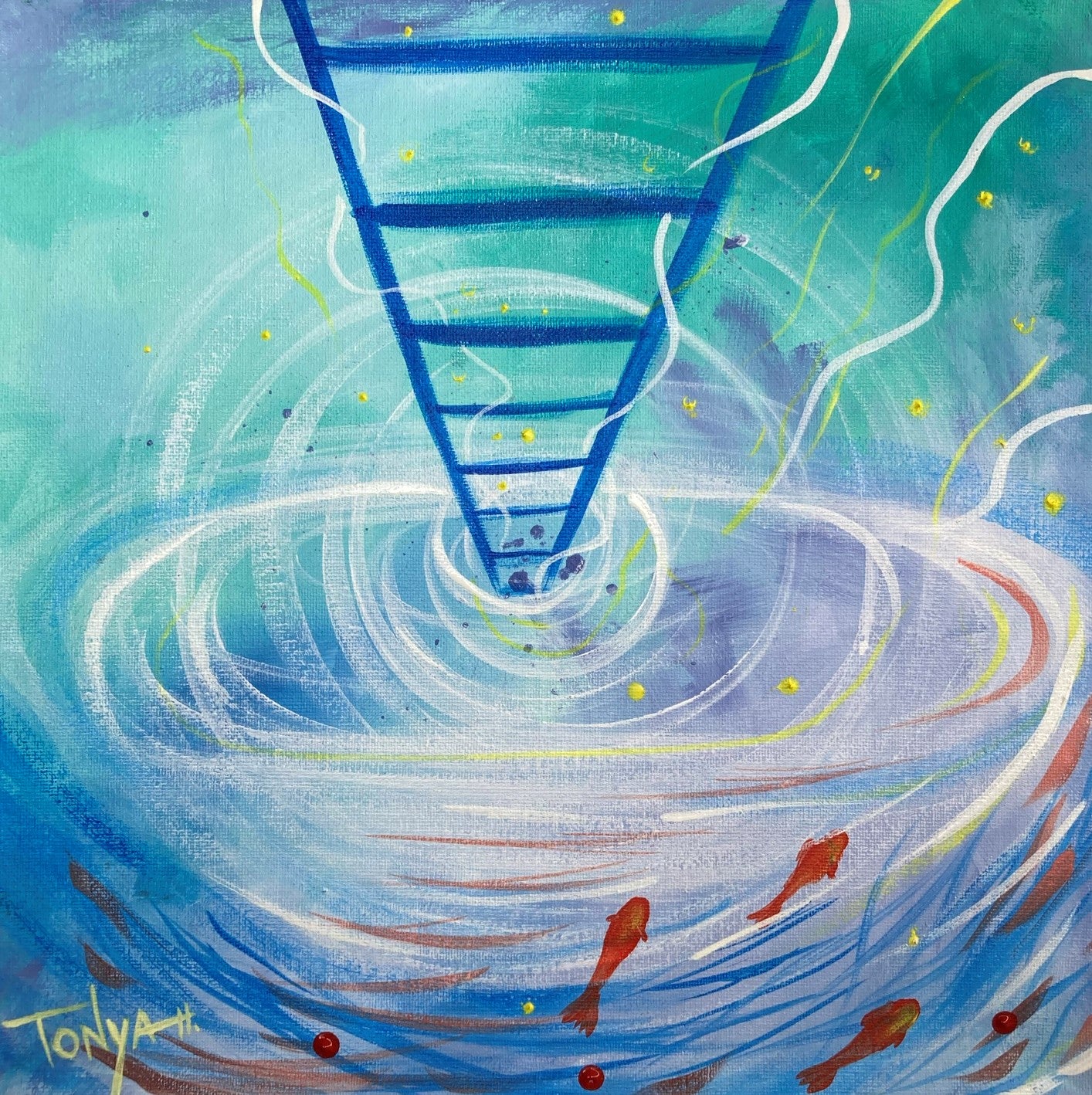 A painting of a water scene swirling at the bottom that has a ladder coming up and out of it. There are orange fish at the bottom right as if caught in the swirling water.