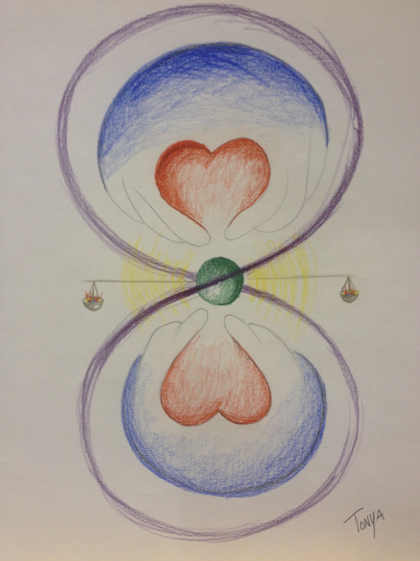 A mirror image of circles that look like hands holding hearts. An infinity sign encompasses them with a green sphere in the center. A line runs across the center and through the shpere and holds a basket at either end.
