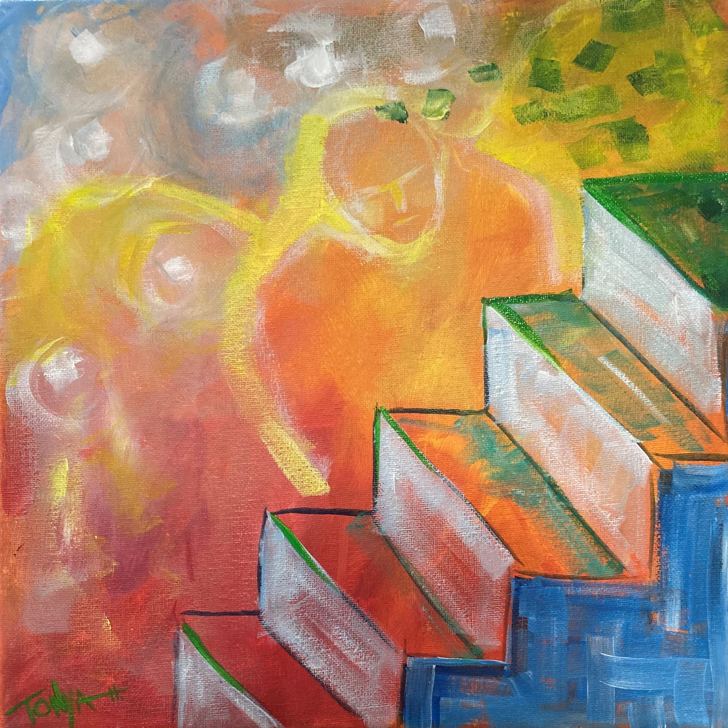 A painting of a figure of a man in the background looking at a set of stairs in the forground.