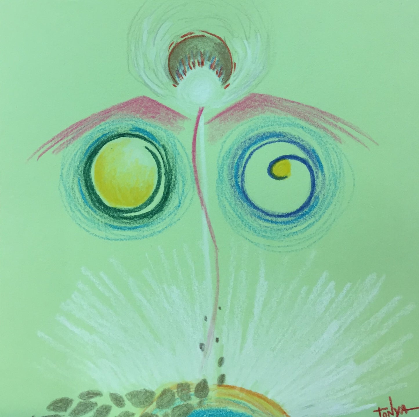 A colored pencil sketch on green paper of an angel shape in the center with pink wings and circles under each.