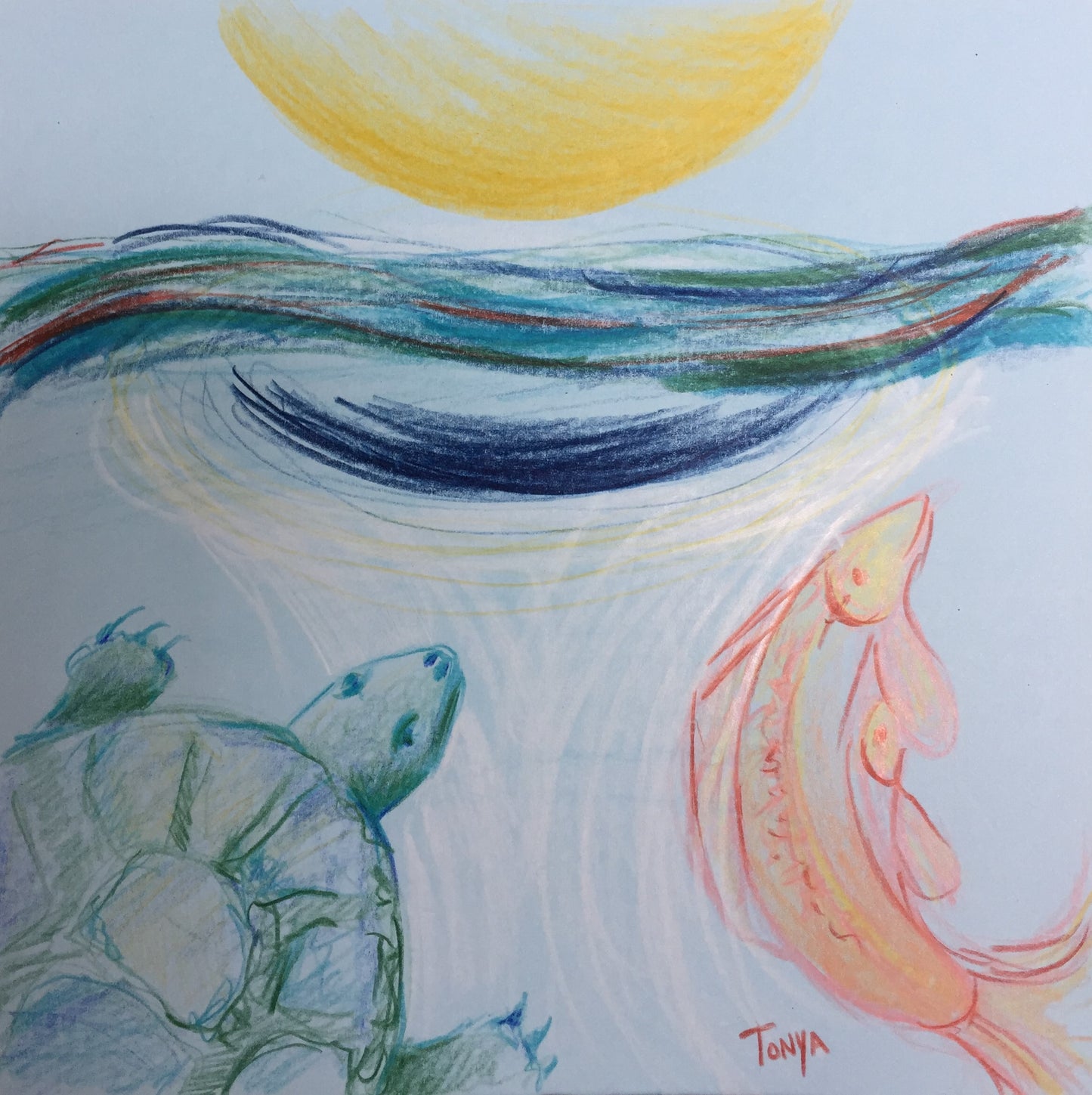 A colored pencil sketch of a turtle and a fish under the water at sunset.