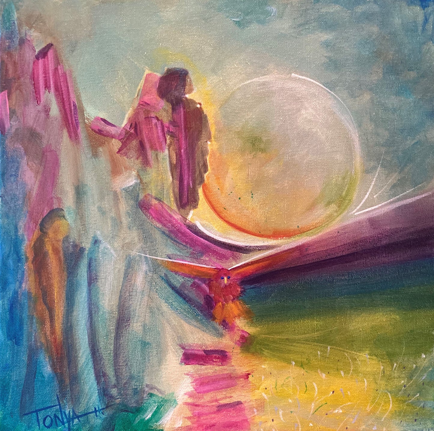 Psychic art reading of two people ascending a crystal moutain. One stands on the edge of a cliff wearing violet robes with a hawk flying below & a large shpere creating a bridge. Signed acrylic painting by visionary artist Tonya Henderson.
