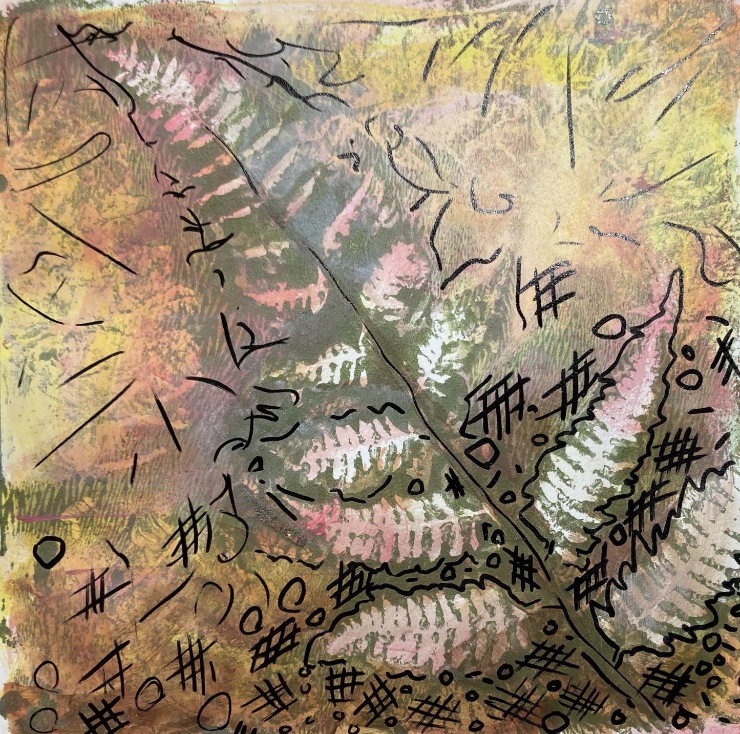 An acrylic painting of a fern leaf with a mono-printing technique, featuring green and white tones with pen and ink additions making it a mixed media artwork by artist Tonya Henderson.