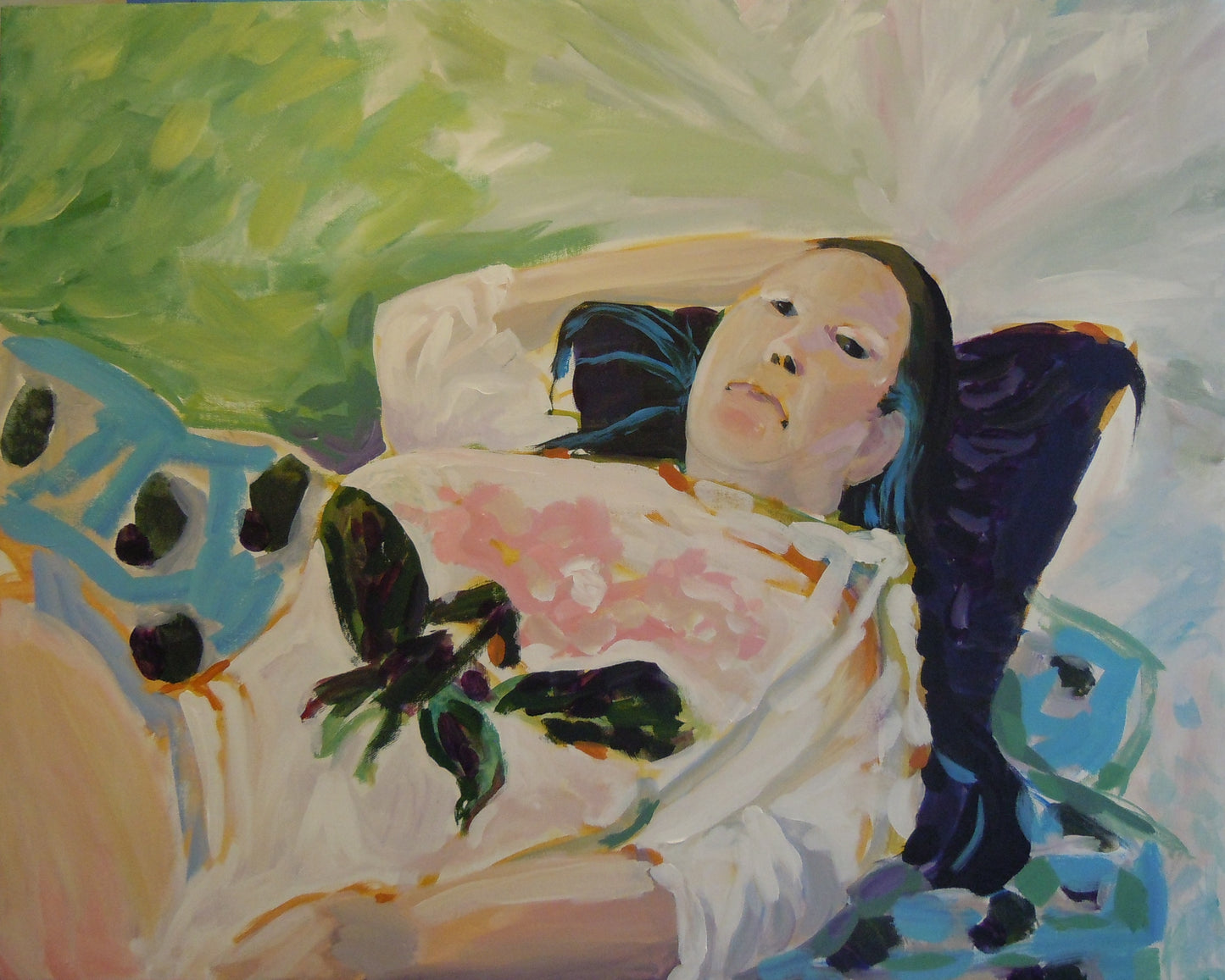 A woman with long dark hair is laying back on a pillow with an afghan under her. The painting is loose and simple strokes creatied by artist Tonya Henderson.