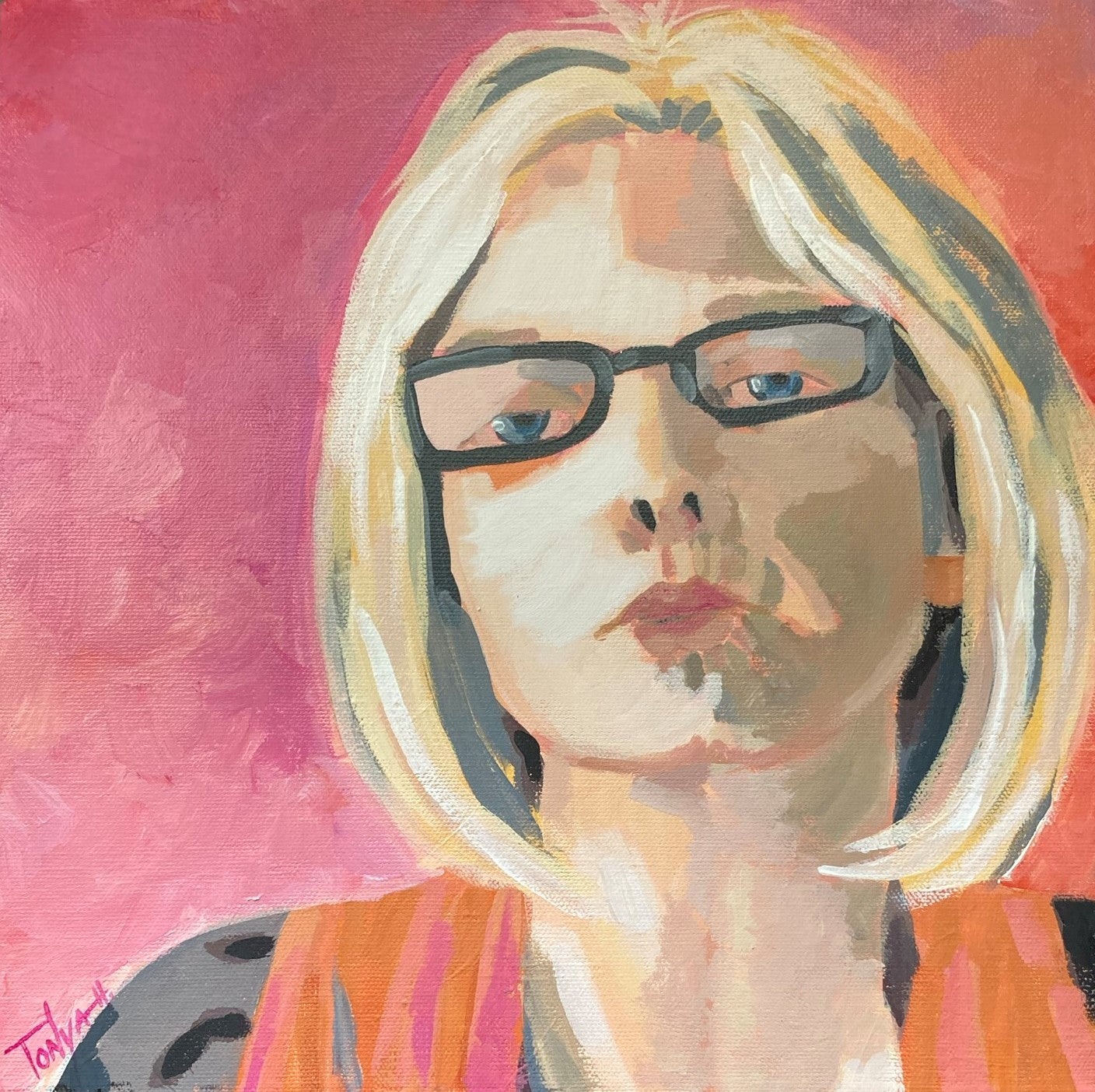 A painting of a woman that looks like she is puckered up for a kiss. The background is pink, her hair is blond, she is wearing dark colored rectangular eye glasses and an orange vest over a grey shirt.