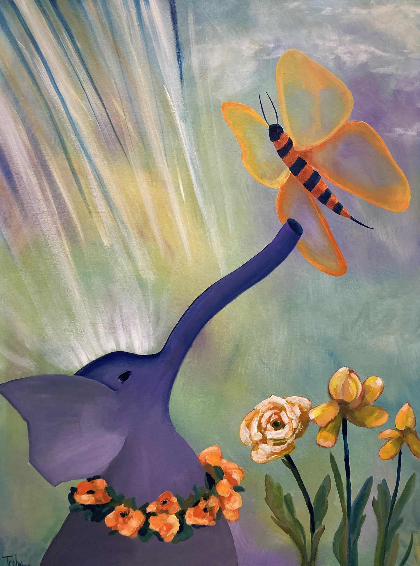 A painting of an baby elephant looking at a large butterfly. He has a wreath of flowers around his neck and there are three flowers to the right of him.