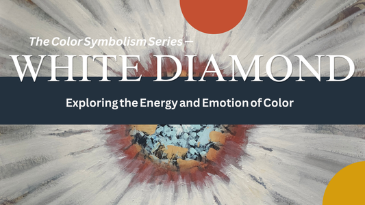 A Painting with white rays leading away from colorful center sphere and a text overlay "The color symbolism series - White Diamond - Exploring the energy and emotion of color".