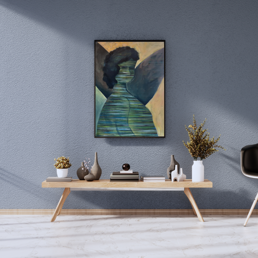 Modern interior with a wooden console table against a gray wall, featuring decorative items and an original abstract acrylic painting by artist Tonya Henderson.