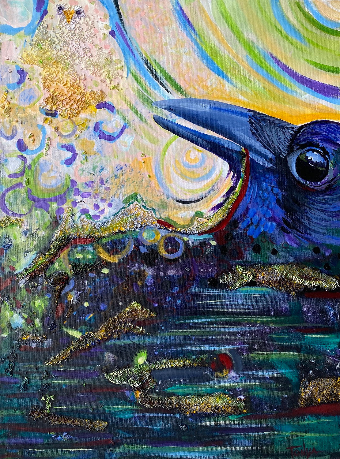 Textured acrylic painting of a crow in the water by visionary artist Tonya Henderson.