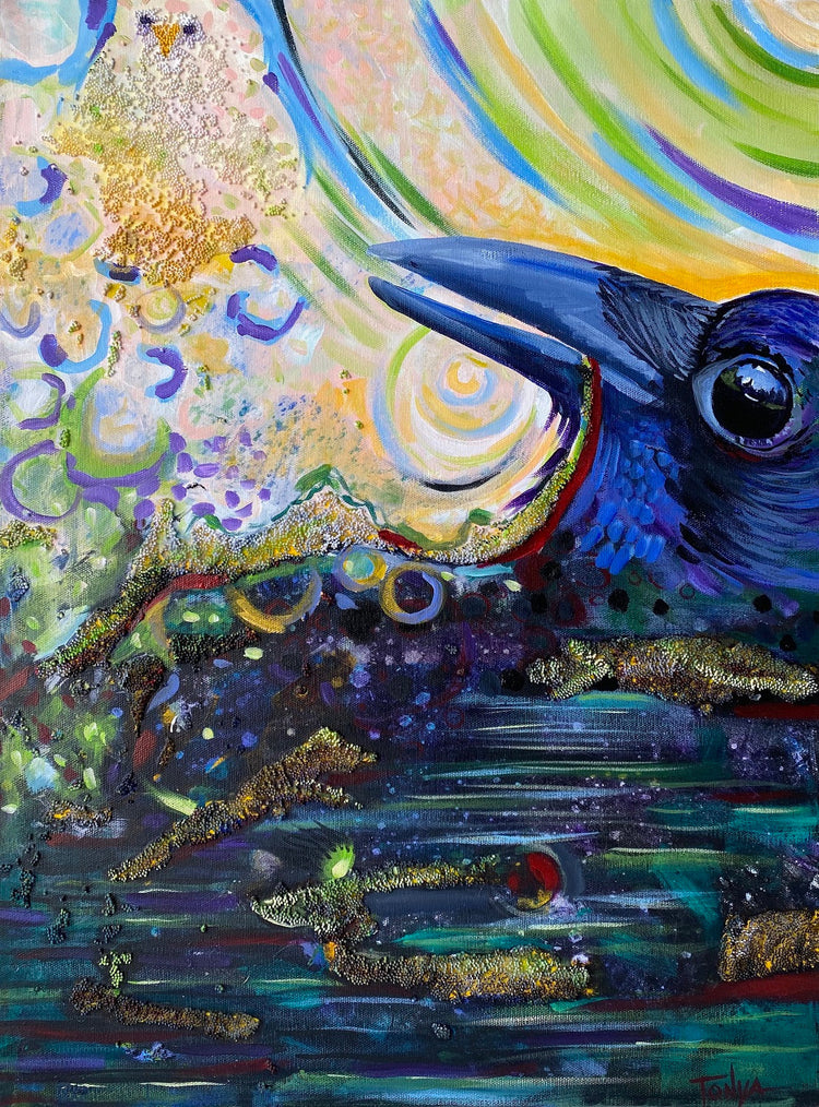 Textured acrylic painting of a crow in the water by visionary artist Tonya Henderson.