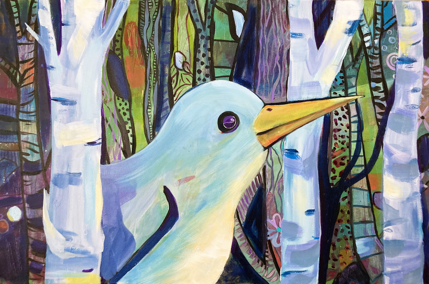 A painting of a blue bird in the birch tree patch created in a whimsical maner.