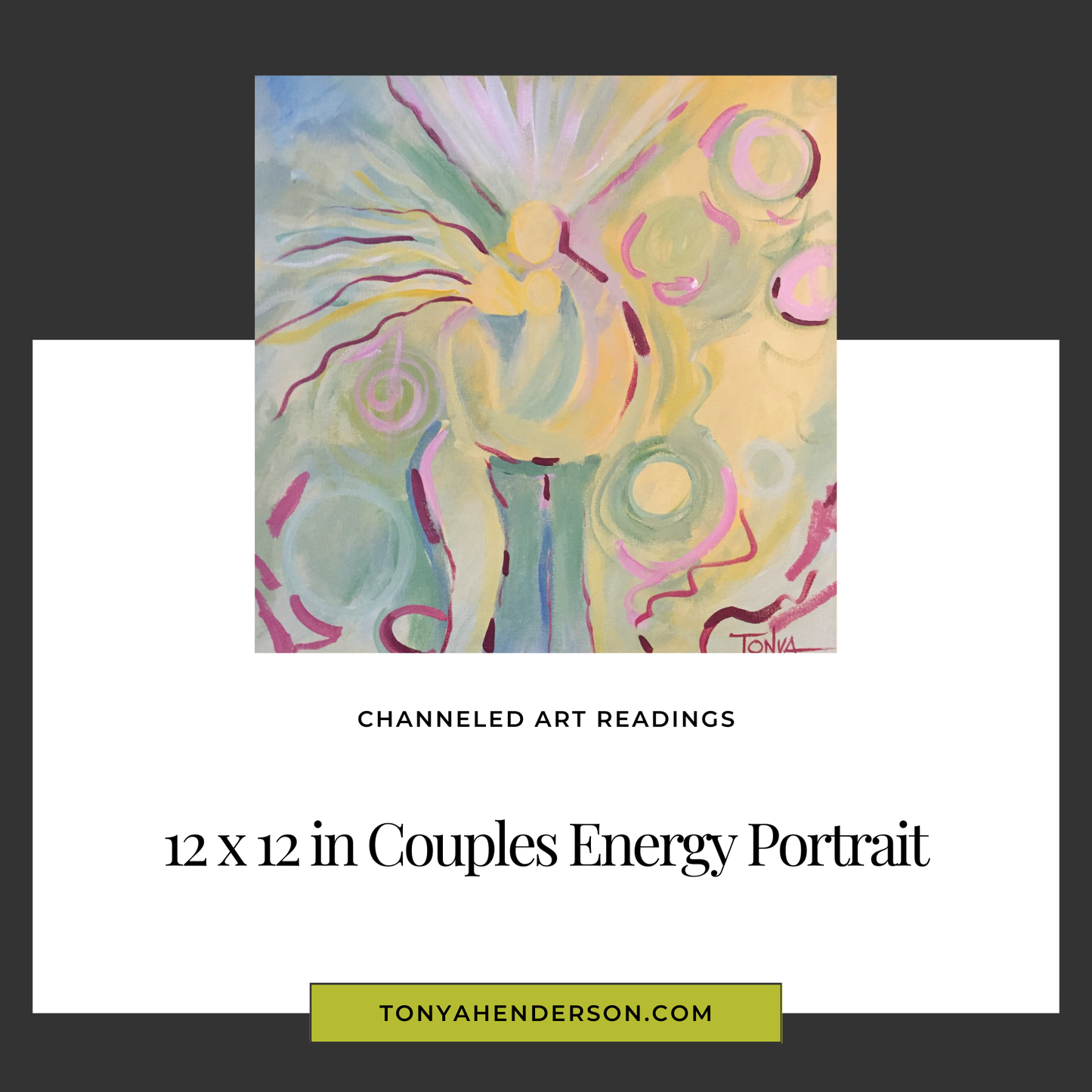 A colorful abstract acrylic painting on canvas with the energy of a man and woman holding a child titled 'Couples Energy Portrait' by visionary artist Tonya Henderson.