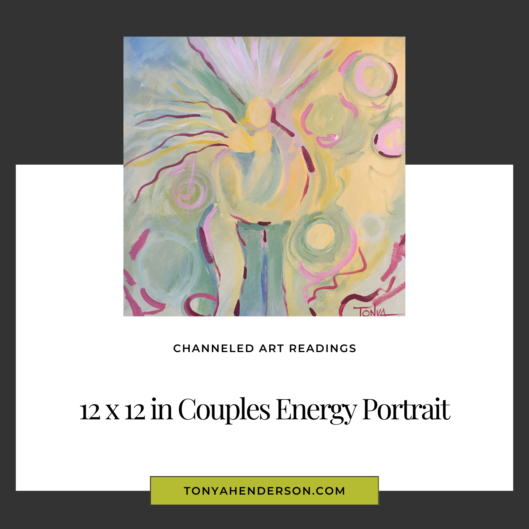 A colorful abstract acrylic painting on canvas with the energy of a man and woman holding a child titled 'Couples Energy Portrait' by visionary artist Tonya Henderson.