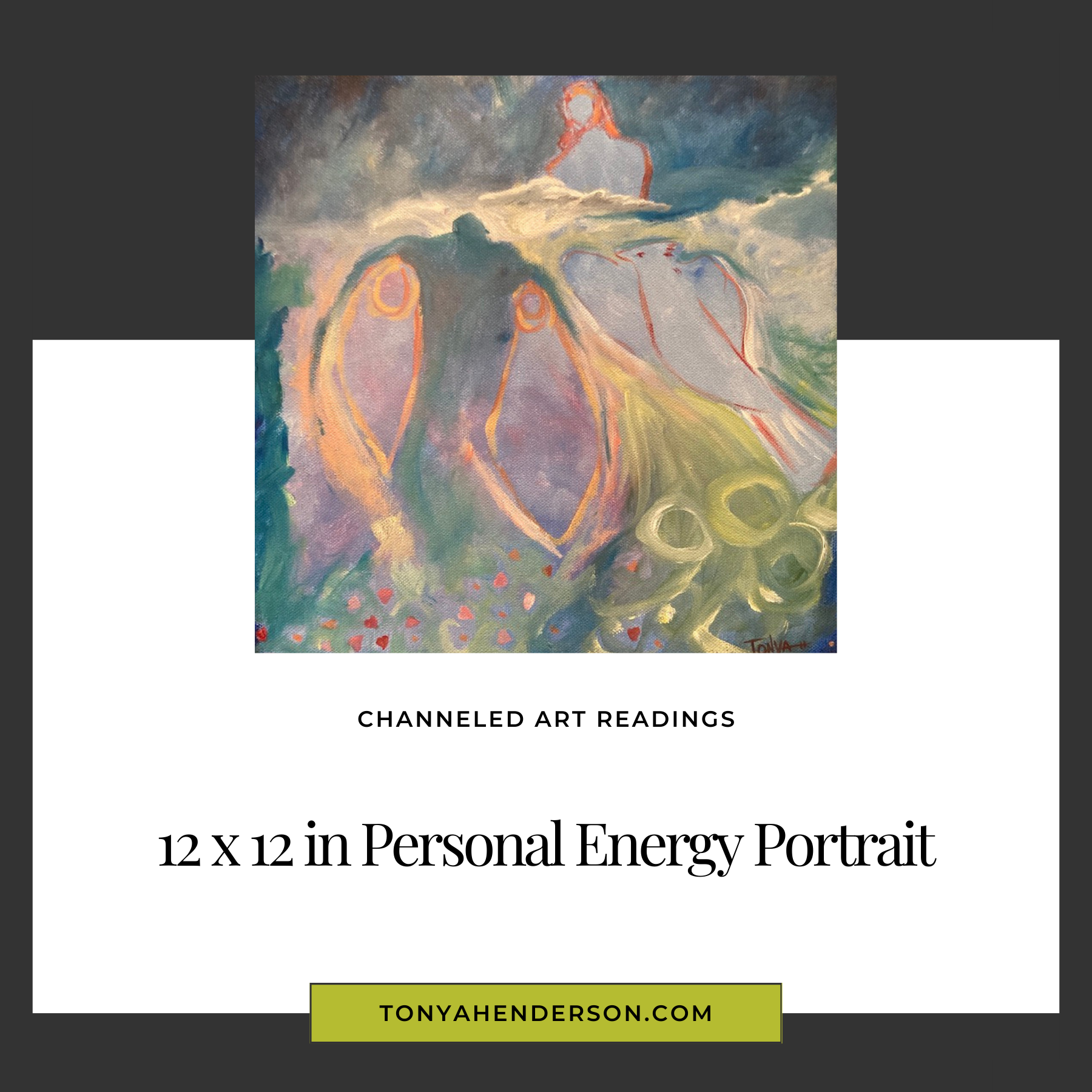 A colorful abstract acrylic painting on canvas with a spiritual or energy-themed artwork depicting a person holding two others while one watches from above and a bird flies by.