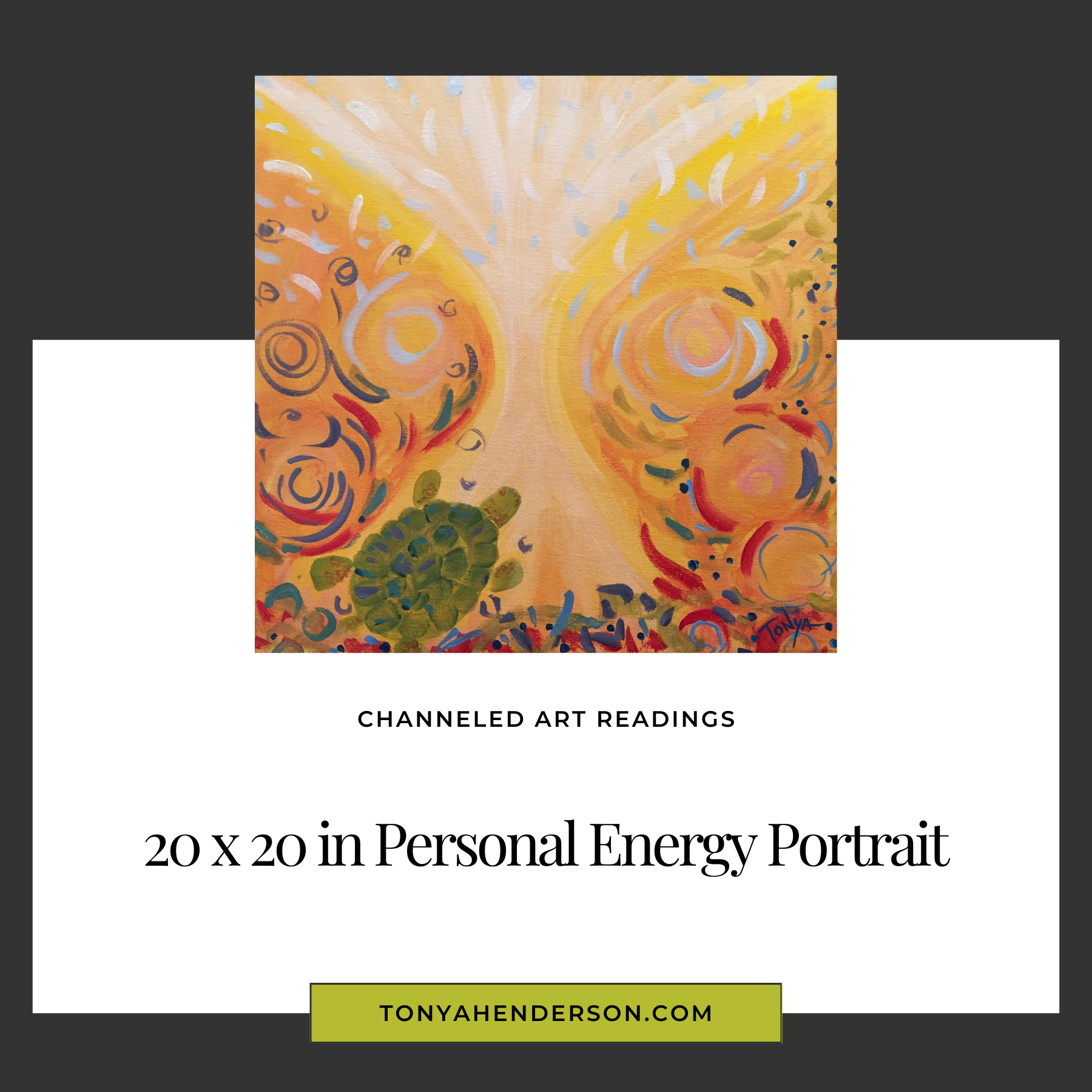 A colorful abstract acrylic painting on canvas with a vibrant mix of yellow, orange, and other colors, creating a dynamic and textured visual, with a sea turtle in a flow of energy.