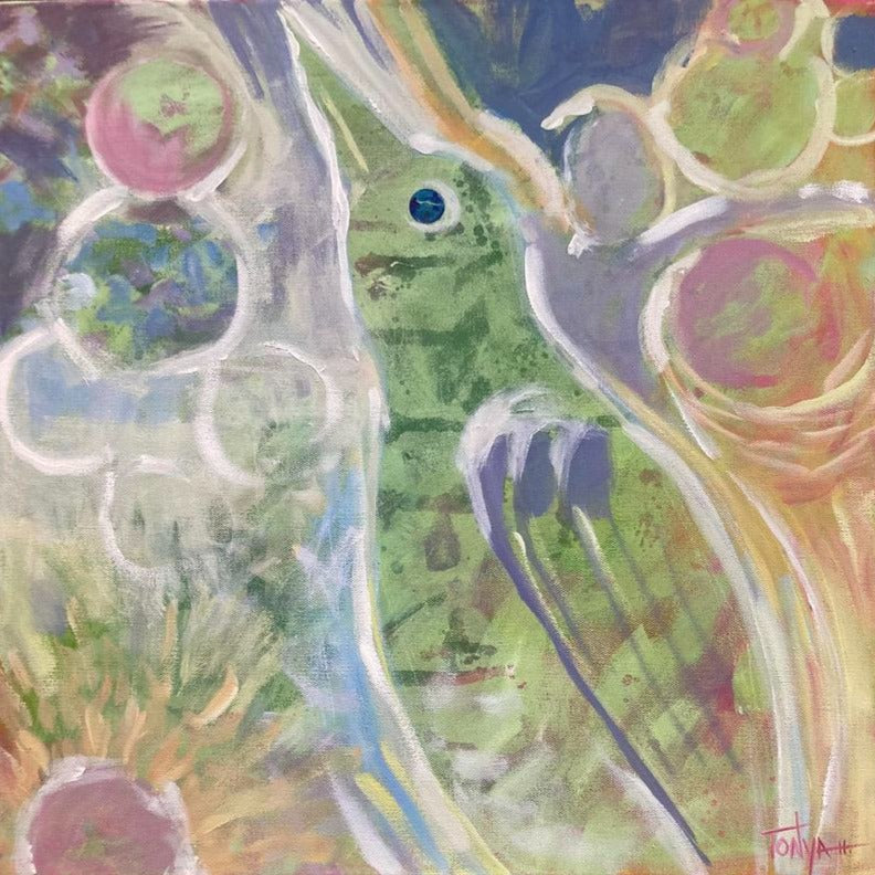 A painting with a large stripped bird in the center with a dark blue eye with circles painted all around it in a variety of other colors by visionary artist Tonya Henderson.