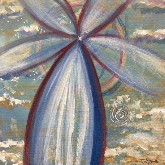 A painting with a pinwheel shape of color extending form center top in red, white, and blue, over a sky like background.