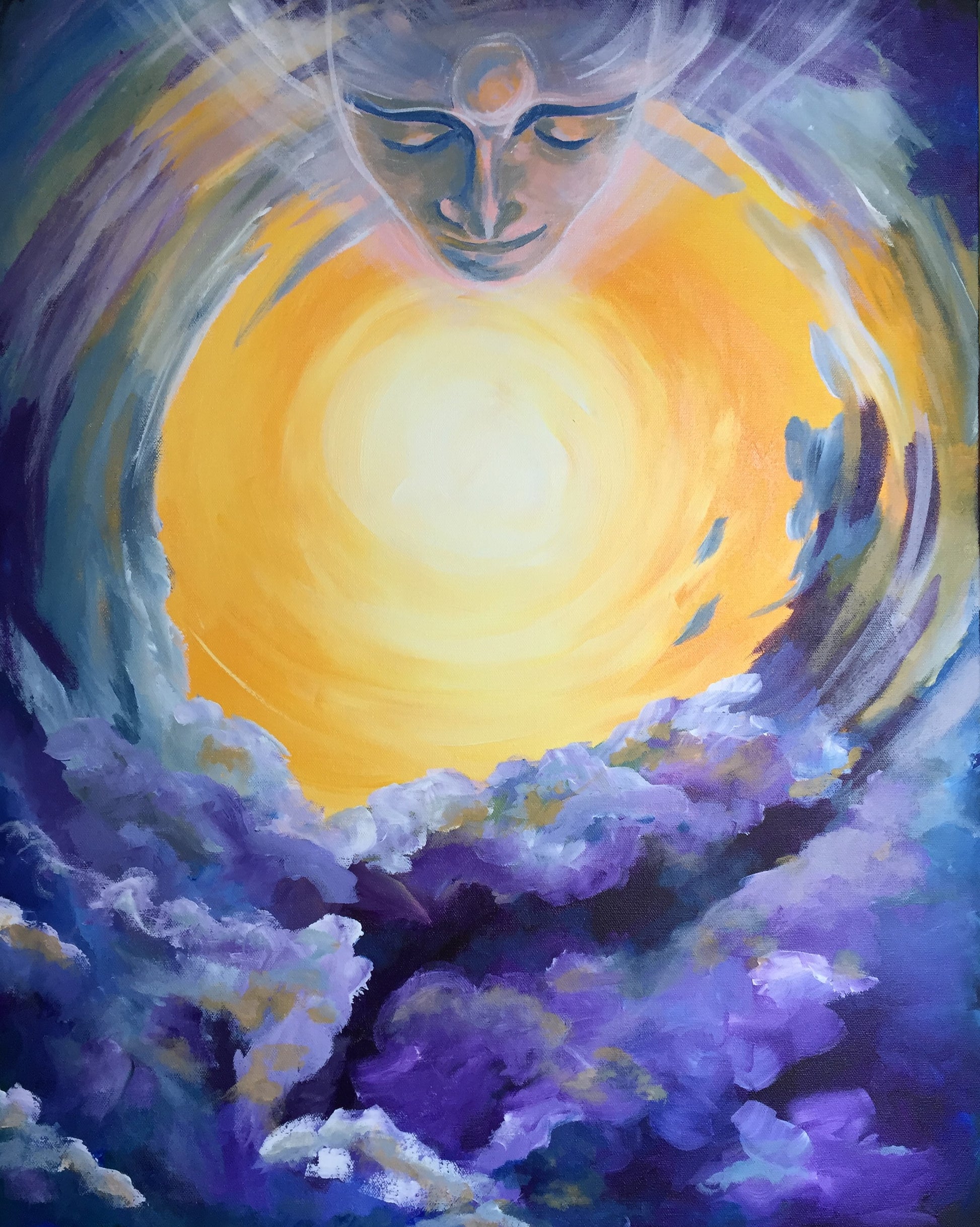 A painting of swirls of color around a yellow sun. A face is looking down at it from the top and there are shapes of birds in the clouds below it.