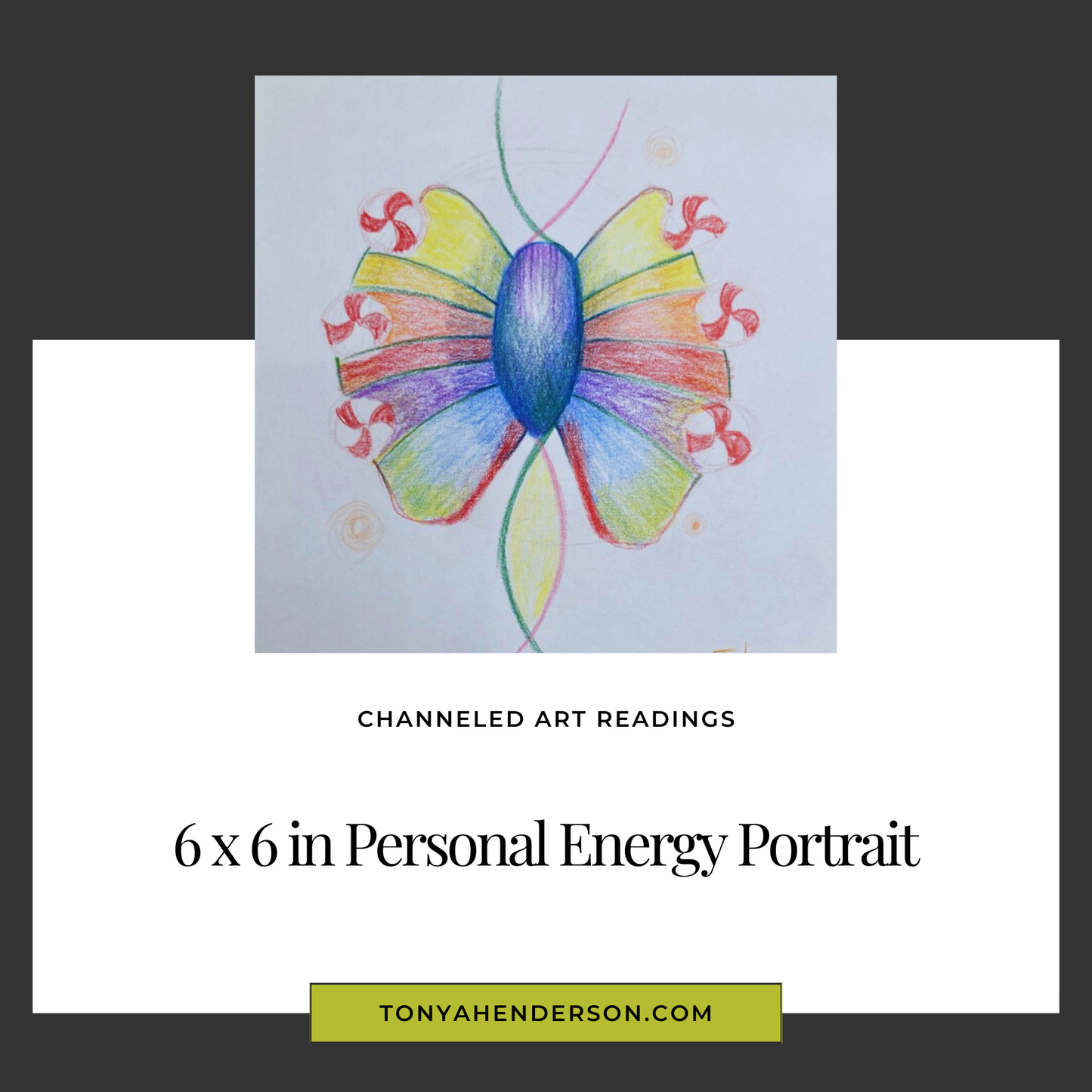 A colorful artistic depiction of a butterfly, representing a personal energy portrait drawing by visionary artist Tonya Henderson.