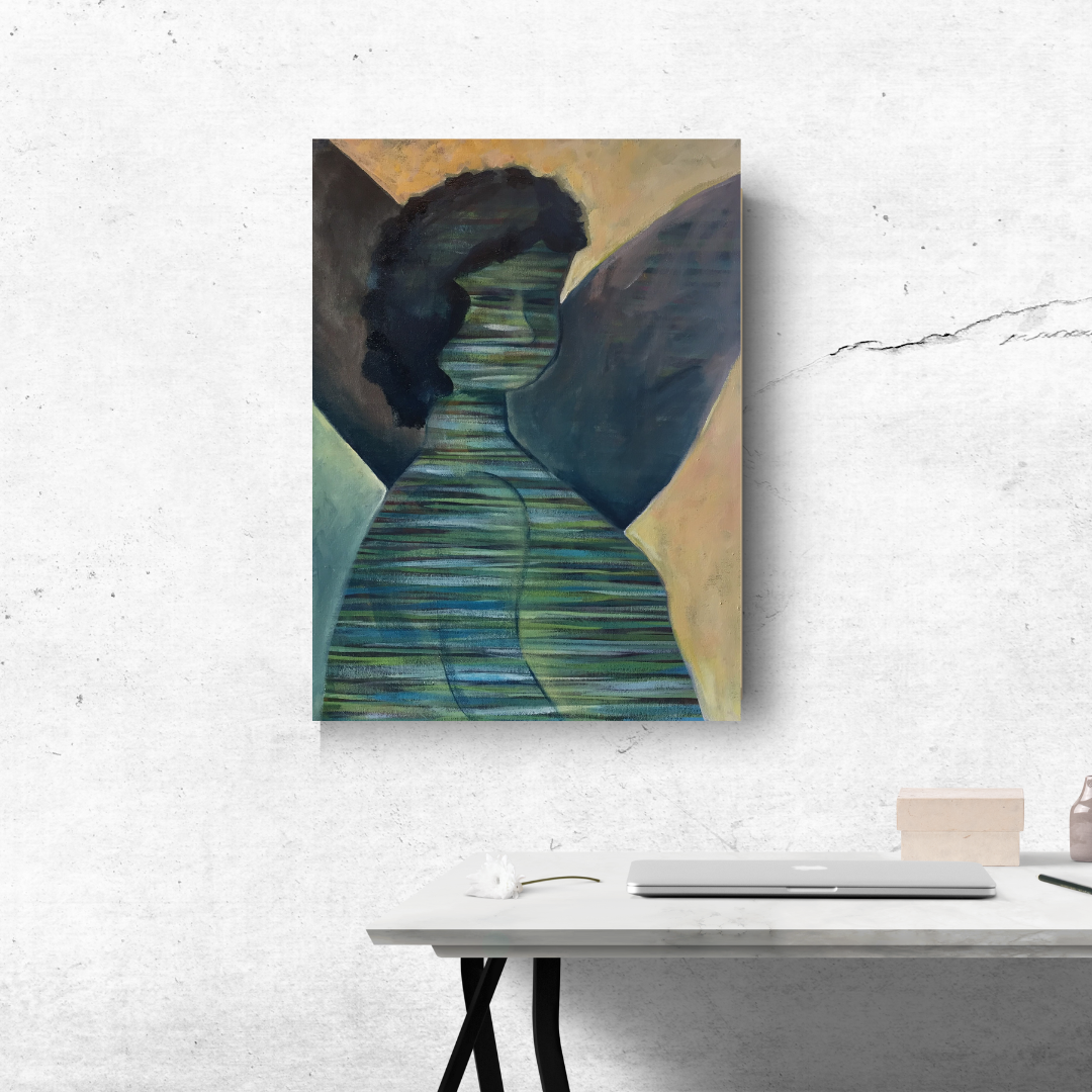 Original abstract acrylic painting by visionary artist Tonya Henderson of a woman with green and blue lines and wing shapes behind her placed on a white wall above a desk.