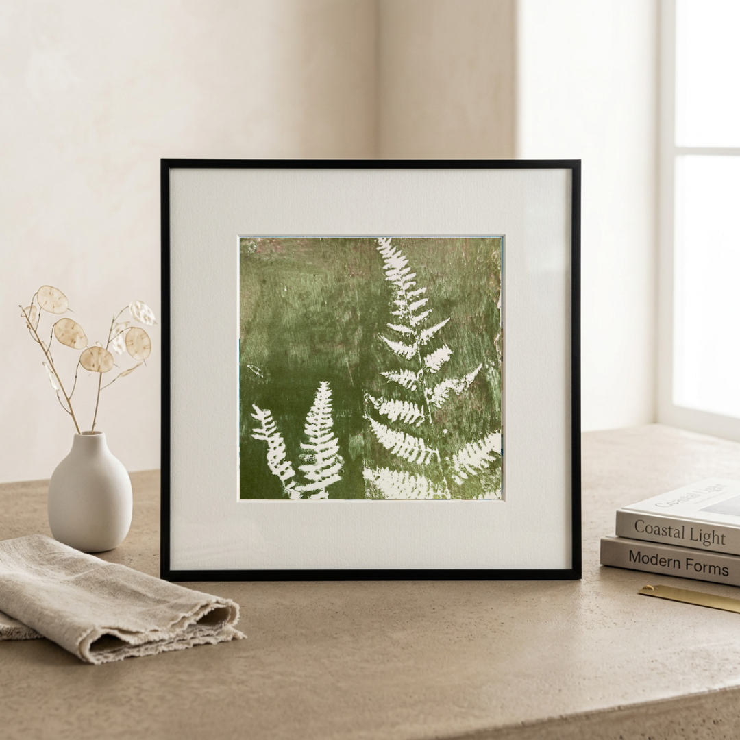 Origina acrylic fern painting by artist Tonya Henderson on a table with a vase and books in the background.