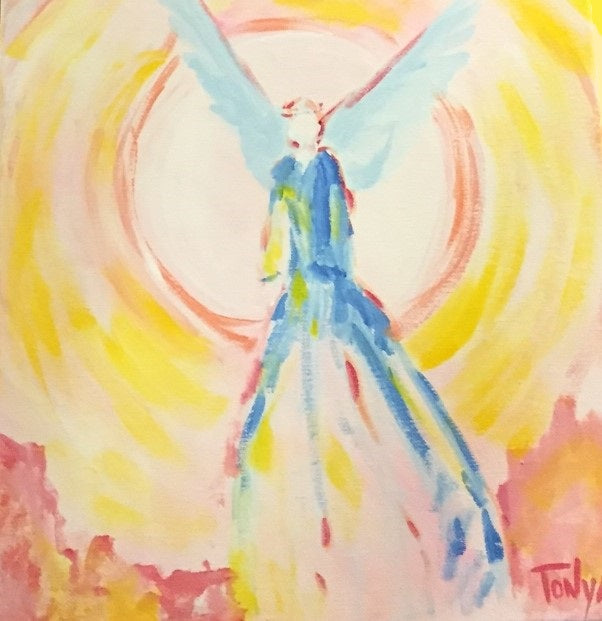 This acrylic painting of an angel in a blue dress with blue wing in front of a vortex of pink and yellow is an example of a Personal Energy Portrait by artist Tonya Henderson.