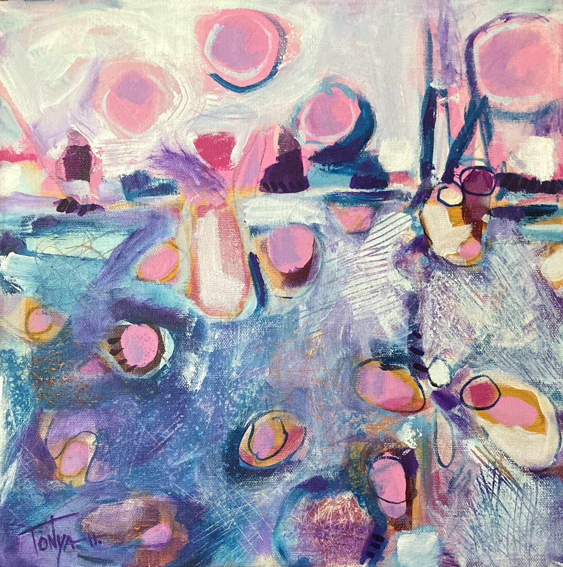 A textured and vibrant abstract artwork featuring warm pink hues, calming blue, and pure white, on a gallery-wrapped canvas. By artist Tonya Henderson.