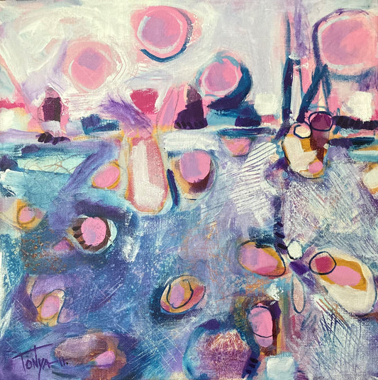 A textured and vibrant abstract artwork featuring warm pink hues, calming blue, and pure white, on a gallery-wrapped canvas. By artist Tonya Henderson.