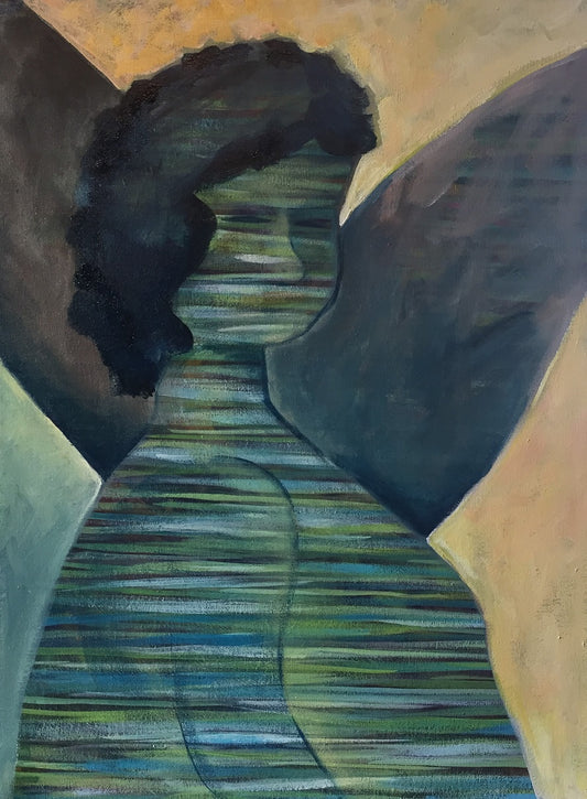 A painting of a womans figure with dark short hair and blue and green lines running through her with wings in the background by artist Tonya Henderson.