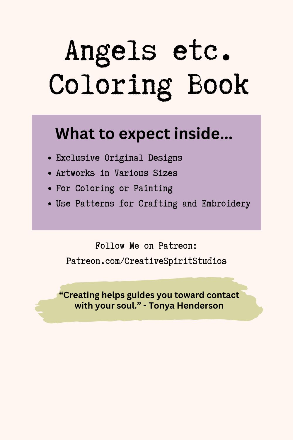 Back cover of a book called Angels etc. Coloring Book that describes that it include exclusive original designs, for coloring, painting, crafting, and embroidery by artist Tonya Henderson.