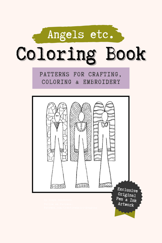 Cover of the 'Angels etc. Coloring & Pattern Book', featuring line art of three stylized angel figures. And includes exclusive original artwork by Tonya Henderson.