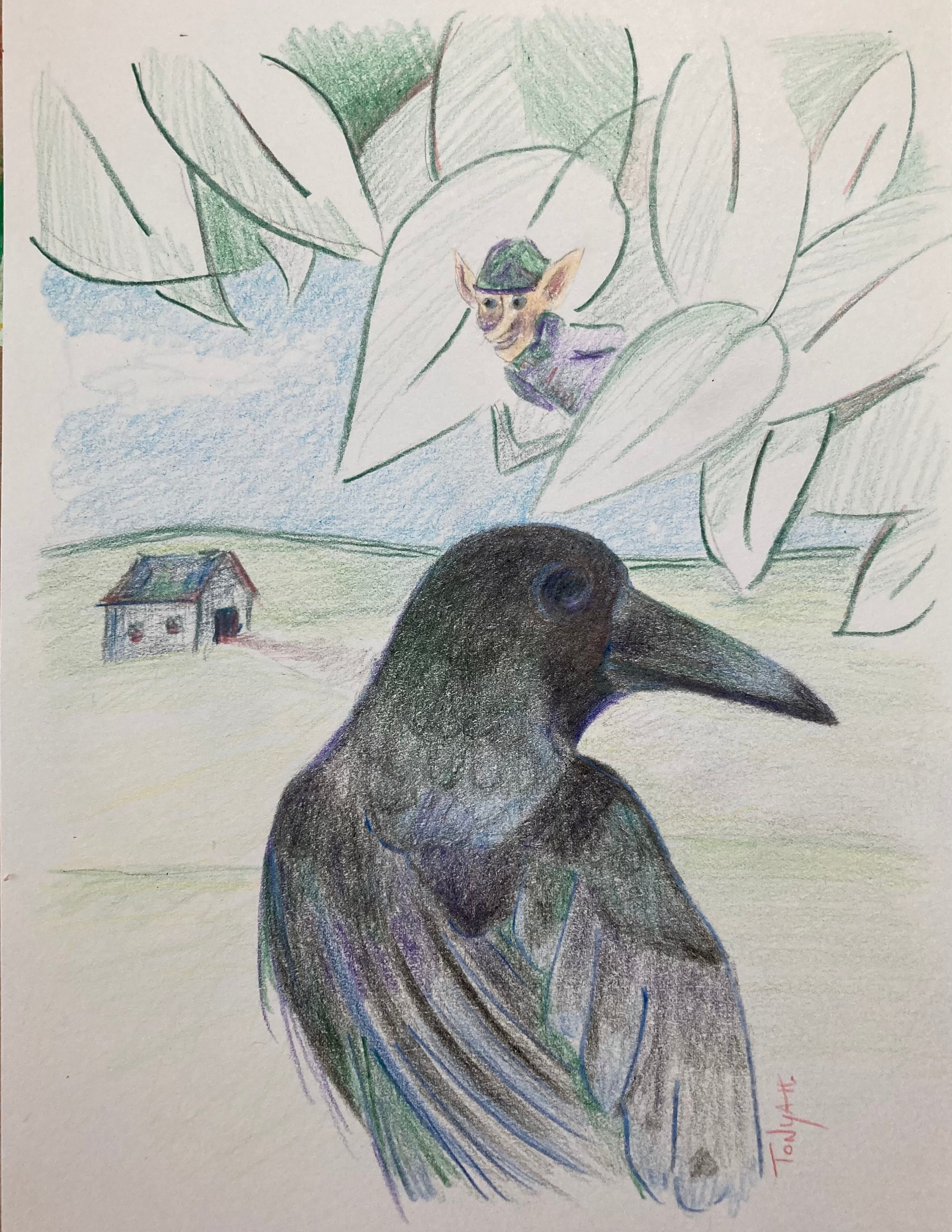 A colored pencil drawing of a crow. There are leaves above it and a leprechaun hiding in them. A distant house or barn in the background.