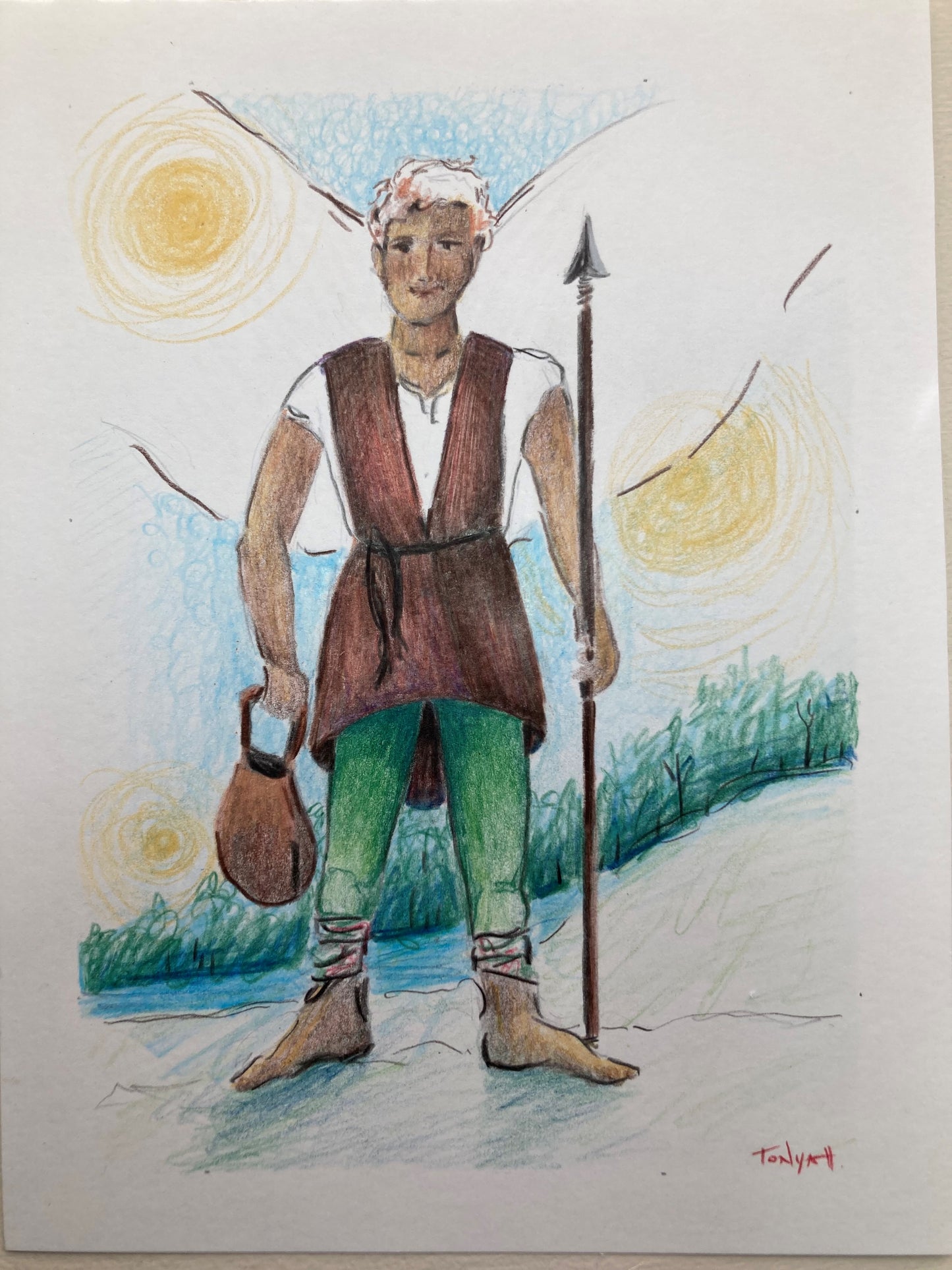 A colored pencil drawing of a man in a white short sleeved shirt, long brown vest and green tights holding a spear in one hand and a pouch in the other.