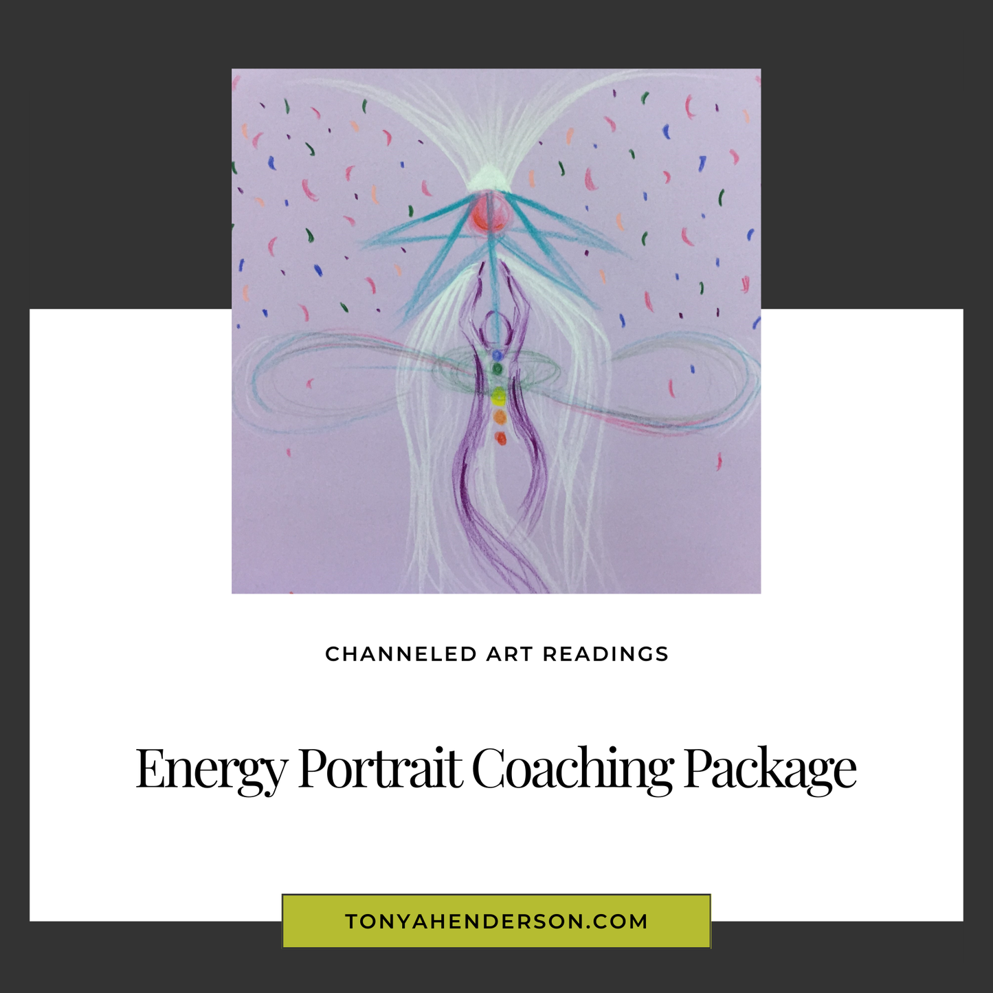 Promotional image featuring an abstract energy portrait with sacred geometry and a woman reaching accompanied by text detailing the 'Energy Portrait Coaching Package' by visionary artist Tonya Henderson.