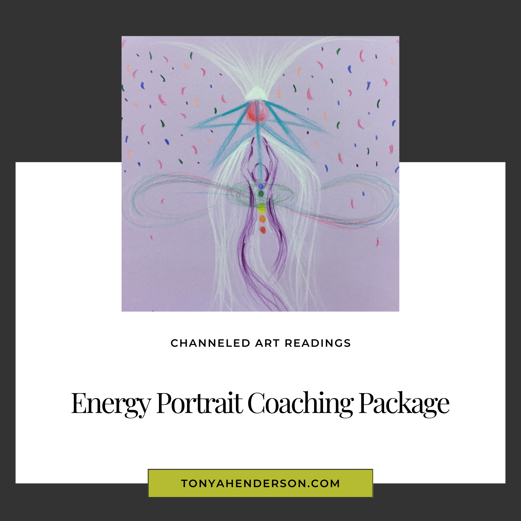 Promotional image featuring an abstract energy portrait with sacred geometry and a woman reaching accompanied by text detailing the 'Energy Portrait Coaching Package' by visionary artist Tonya Henderson.