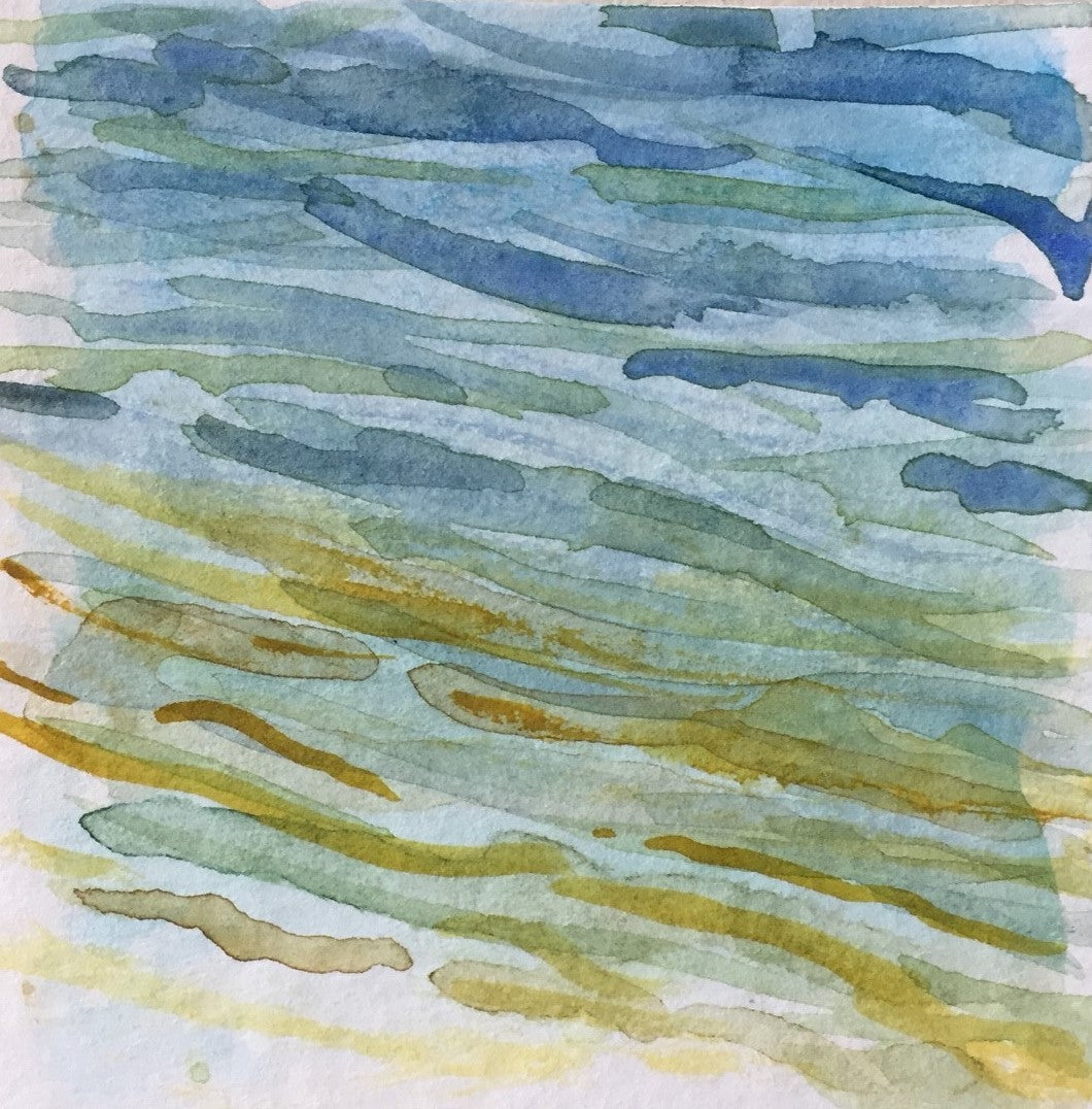 Abstract beach watercolor painting in blue, green and yellow by artist Tonya Henderson.