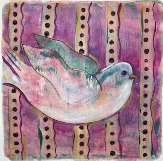 Gelli Plate print with artistic depiction of a dove on a pink and purple striped background with abstract patterns by artist Tonya Henderson.