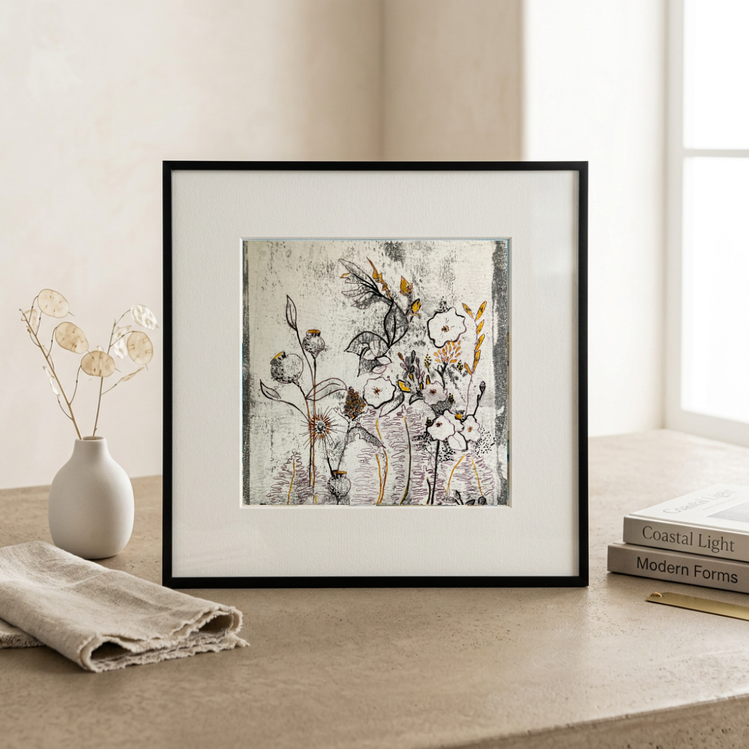 Original black and white mixed media floral painting by artist Tonya Henderson sitting on a table with a vase and books in the background.