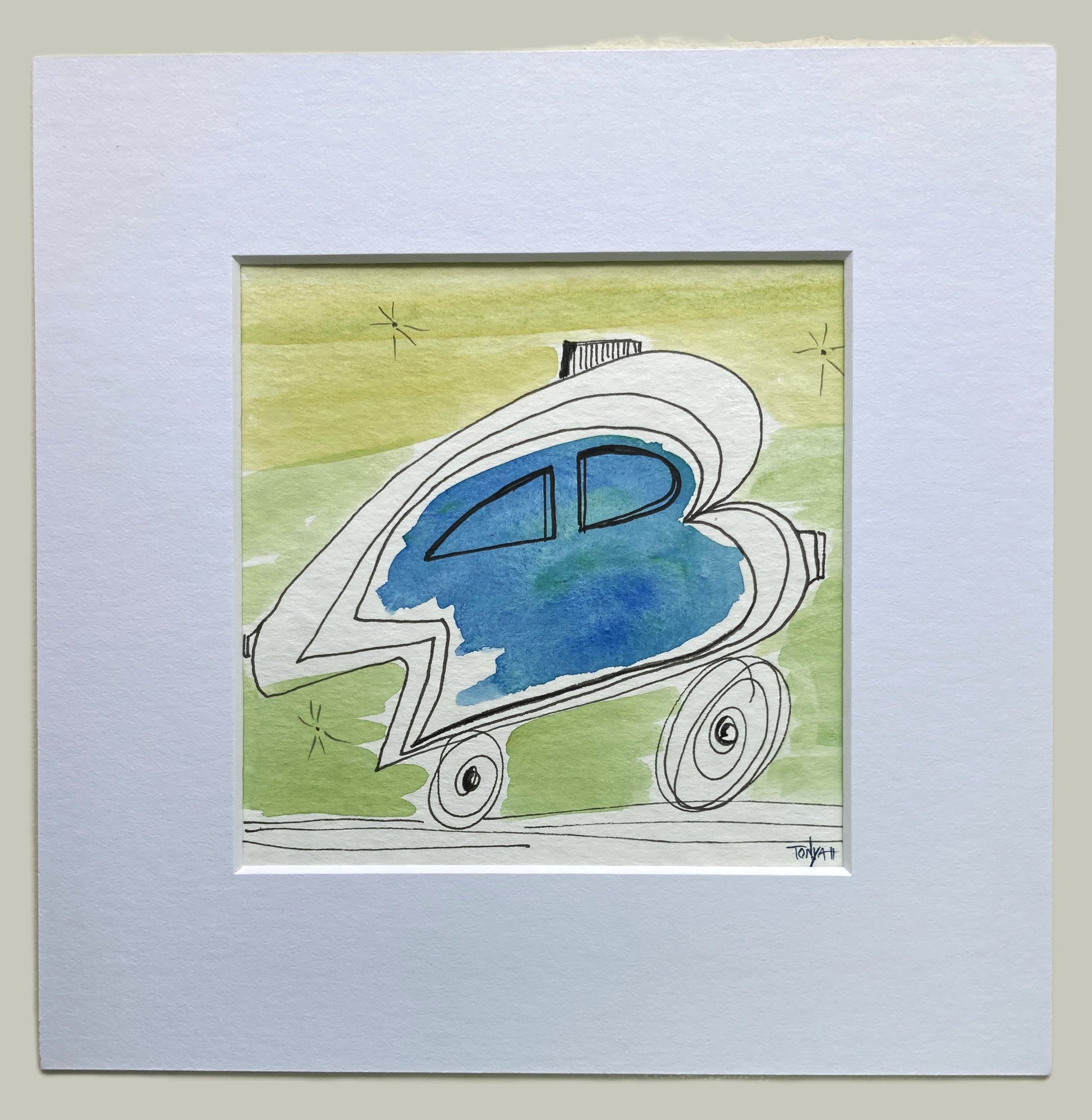 A painting of a vehicle zooming off. It looks like a bus or van and is blue over a green background. Matted in white.