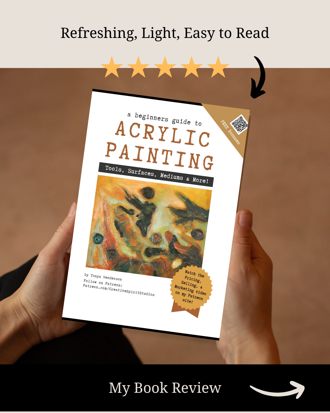 Book titled 'A Beginner's Guide to Acrylic Painting' held by hands with a brown background.