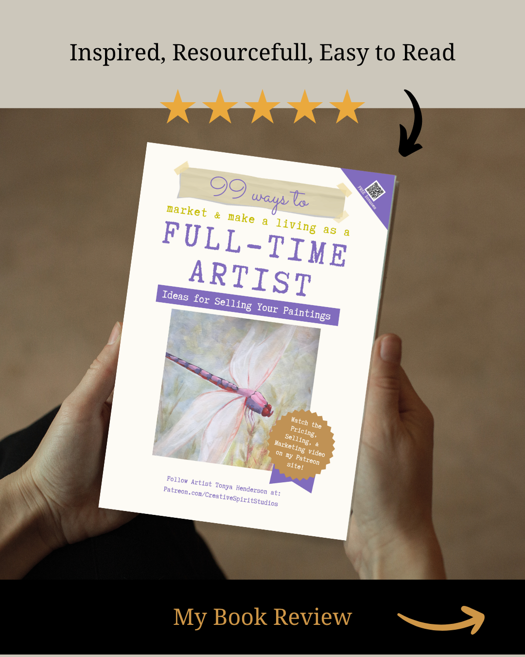Book titled '99 Ways to Market & Make a Living as a Full-Time Artist' held by a person, with a five-star rating and promotional text.
