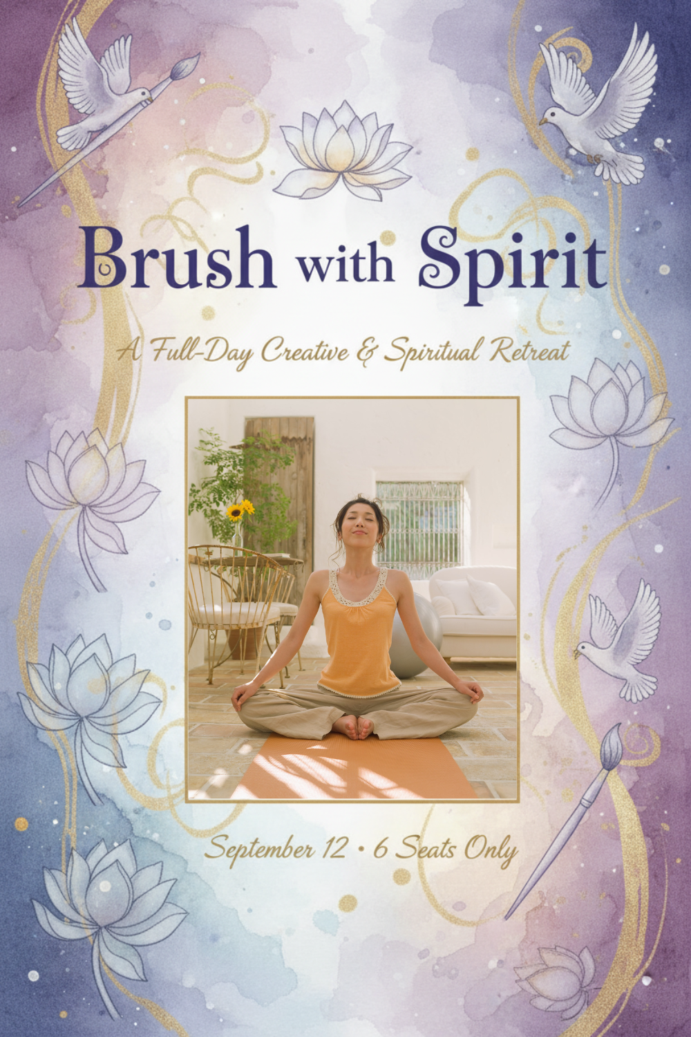 Promotional flyer for 'Brush with Spirit' retreat featuring a woman in a yoga pose.