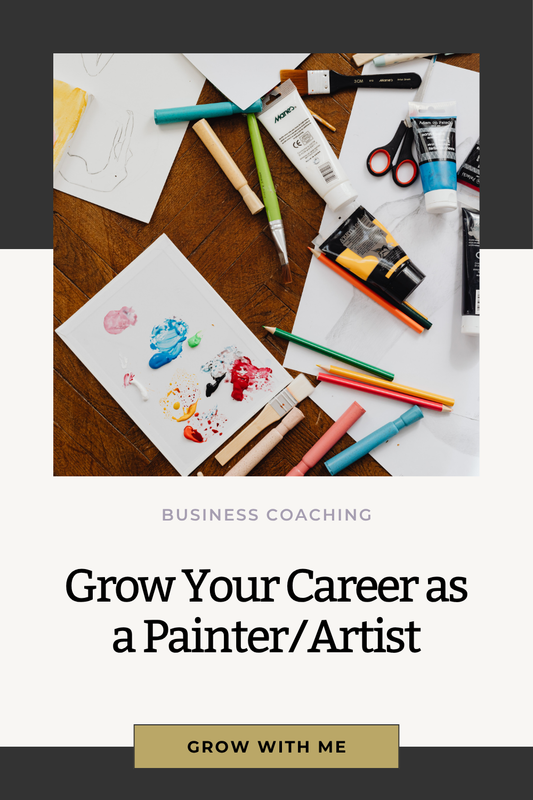 Art supplies on a table with text overlay about business coaching for artists.