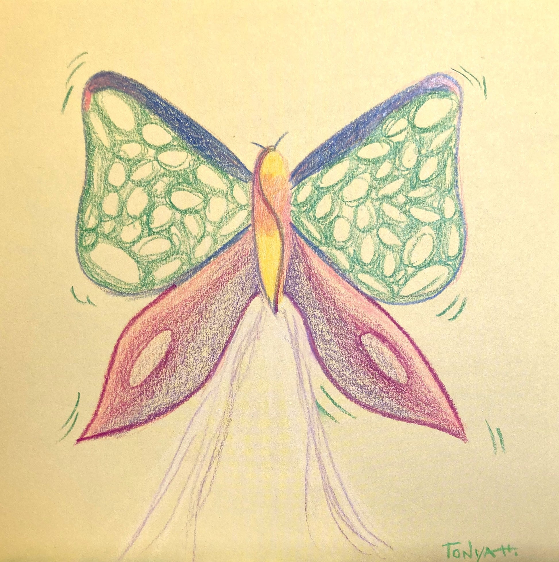 A colored pencil drawing of a butterfly with a yellow body, green upper wings and red lower wings.